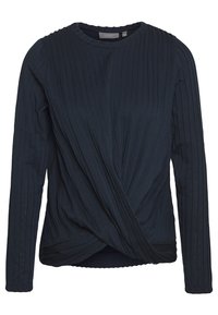 Mörkblå långärmad topp med en strukturerad ribbad design och vriden frontdetalj. Har rund halsringning och figurnära silhuett.