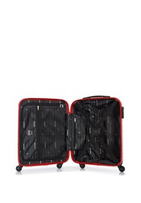 Red hard-shell suitcase with a textured exterior. Interior features black lining with a striped pattern, multiple compartments, and elastic straps.