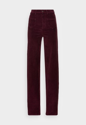 Sztruksowe spodnie z wysokim stanem i prostymi nogawkami w ciemnym bordowym kolorze, z naszywanymi kieszeniami z przodu i zapięciem na guzik.