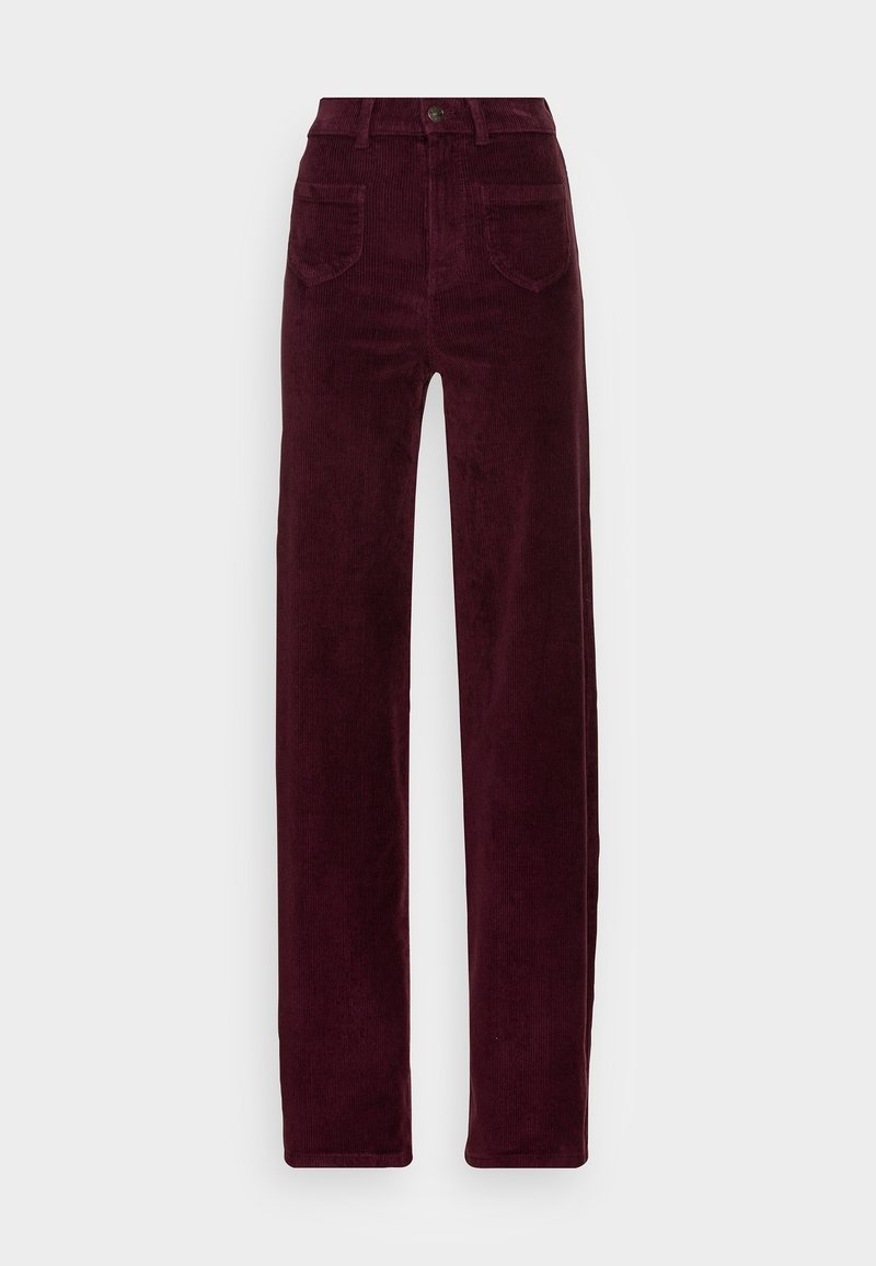 Pantalon en velours côtelé taille haute à jambes droites, couleur bordeaux foncé, avec poches plaquées à l'avant et fermeture à boutons.