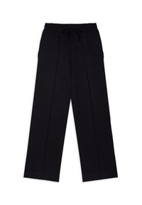 Pantalones negros de pierna ancha con cintura elástica y cordón. Tejido suave, textura lisa y detalles de pliegue pinzado en el frente.
