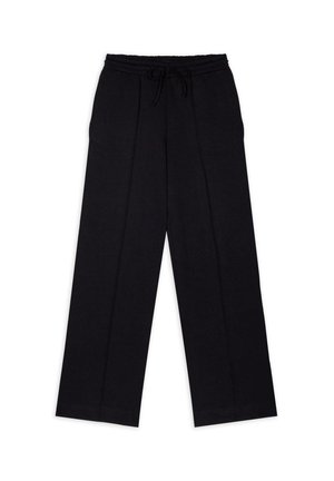 Zwarte wijde pantalon met een elastische tailleband en trekkoord. Zachte stof, gladde textuur en geplisseerde details aan de voorkant.