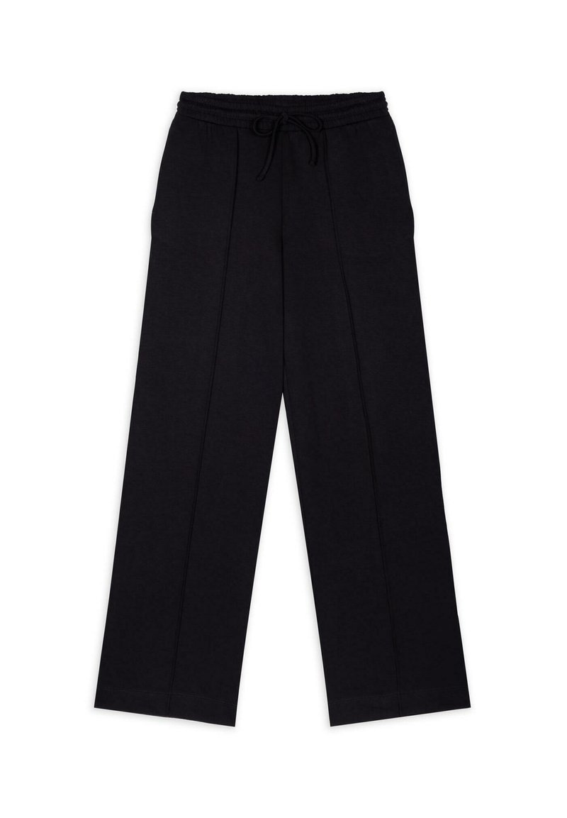 Pantalones negros de pierna ancha con cintura elástica y cordón. Tejido suave, textura lisa y detalles de pliegue pinzado en el frente.