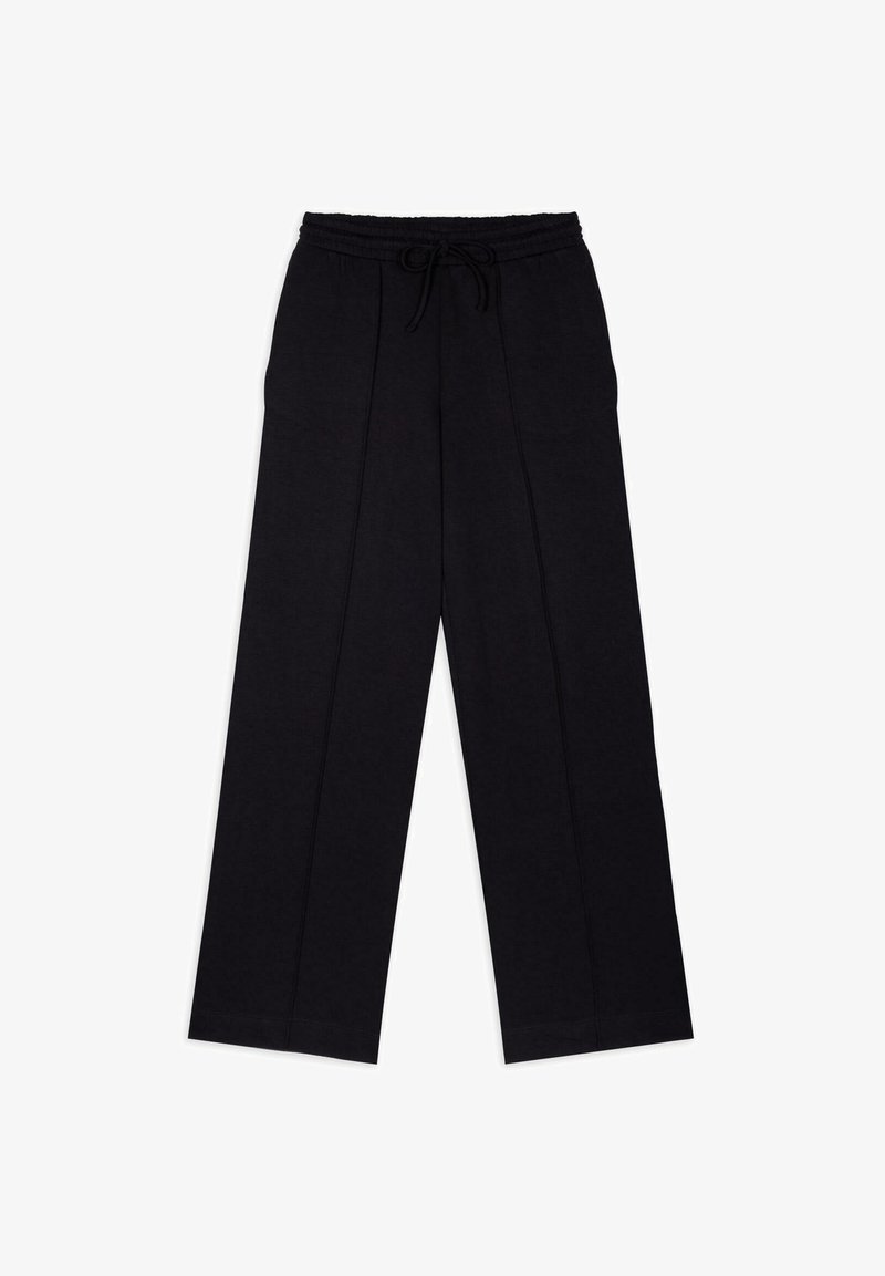 Black wide-leg pants with an elastic waistband and drawstring. Soft fabric, smooth texture, and pinched pleat details along the front.