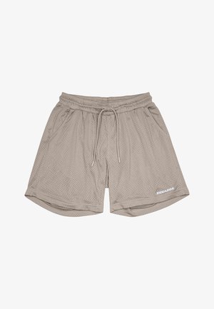 Pantaloni sportivi in rete grigio chiaro con cintura regolabile, tasche laterali e un logo bianco sulla parte inferiore della gamba sinistra.