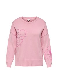 Suéter de punto rosa claro con mangas largas, con un diseño floral en rosa más oscuro en el lado izquierdo y la manga. Cuello redondeado.