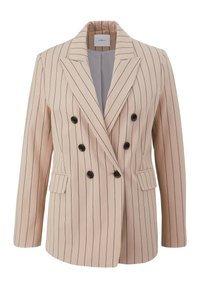 Blazer beige croisé à fines rayures verticales noires, boutons noirs, revers à encoches et deux poches à rabat à l'avant.