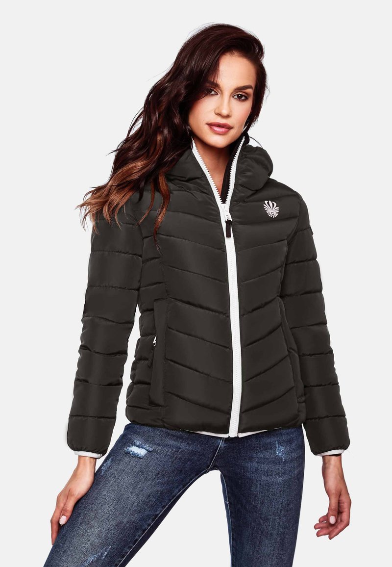 Black puffer jacket with a zip front and hood. Features white zipper and logo. Quilted pattern, long sleeves, and side pockets.
