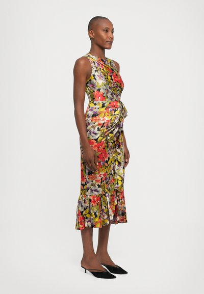 Floral dress featuring a fitted bodice, side knot detail, and flared skirt. Colors include red, yellow, purple, and green with a shiny finish.