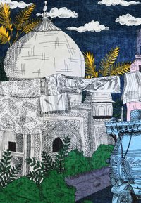 Ilustracija bele kupole sa složenim crnim konturama, obavijene u šareni materijal, okružene zelenim biljem i plavim stolom.