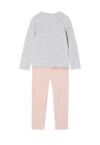 Gray long-sleeve top with a rounded neckline paired with light pink leggings. Both pieces feature soft, smooth fabric and a simple design.