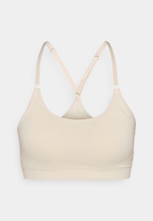 Lys beige bralette med en glat tekstur, der har tynde krydsrygsstropper og et sømløst design. Uden polstring; enkel, minimalistisk stil.