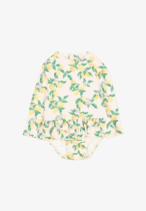 Maillot de bain à manches longues pour bébé en crème avec un motif de citron et de fleurs, ourlet volanté et fermeture à bouton-pression au dos pour un habillage facile.