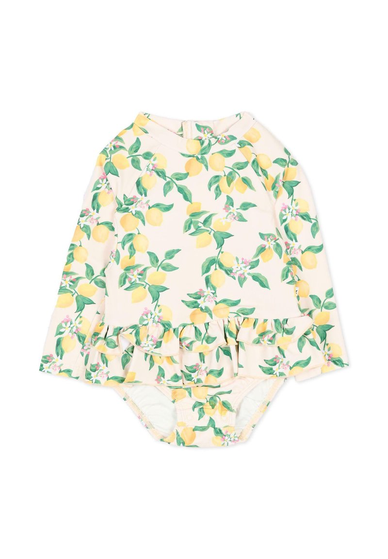 Costume da bagno per neonati a maniche lunghe color crema con motivo di limoni e fiori, orlo arricciato e chiusura a pressione sul retro per una facile vestizione.