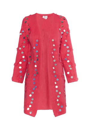 Cardigan rosso aperto davanti, realizzato in tessuto testurizzato con orli sfrangiati, decorato con paillettes circolari multicolori sulla parte anteriore.