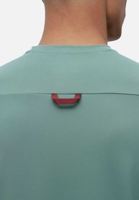 Gaiši zaļš sporta krekls ar vienkāršu dizainu, kura aizmugurē netālu no apkakles ir sarkana auduma cilpa. Gluda tekstūra.