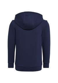 Felpa blu navy con cappuccio, realizzata in tessuto testurizzato. Presenta maniche lunghe e un elastico in vita. Senza stampe o motivi visibili.