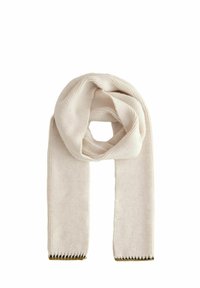 Strickschal in hellem Beige mit einer weichen Textur, verziert mit dunkelbenen Nähten an den Enden. Lange, rechteckige Form.