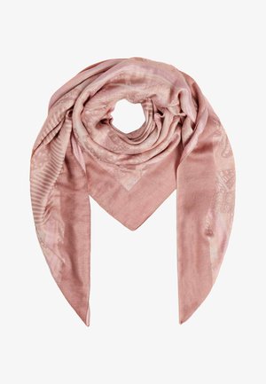 Carré en soie rose pâle avec un motif subtil, plié et drapé en une forme circulaire et ample.