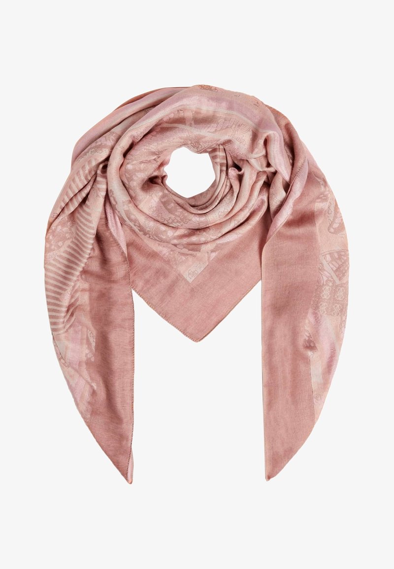 Carré en soie rose pâle avec un motif subtil, plié et drapé en une forme circulaire et ample.