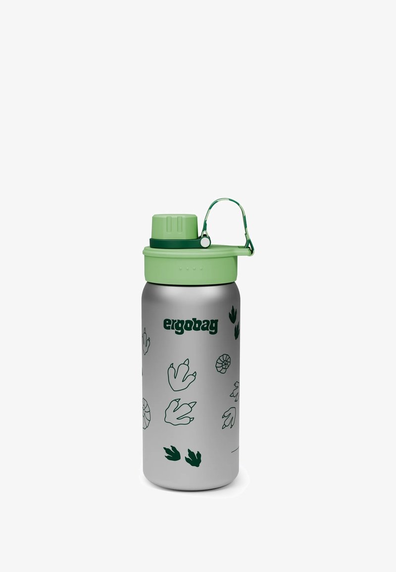 Edelstahl-Wasserflasche mit einem hellgrünen Deckel und einem Tragegriff. Verfügt über grüne Tierpfotenabdrücke und Muschel-Muster. Ergobag-Branding ist enthalten.