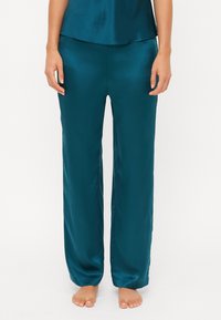 Teal sateng pyjamasbukser med en afslappet pasform og glat tekstur; har en elastisk talje og brede ben.