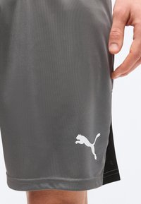 Κοντινό πλάνο ενός χεριού που ακουμπάει δίπλα σε γκρι αθλητική βερμούδα Puma με λευκό λογότυπο Puma κοντά στο τελείωμα.