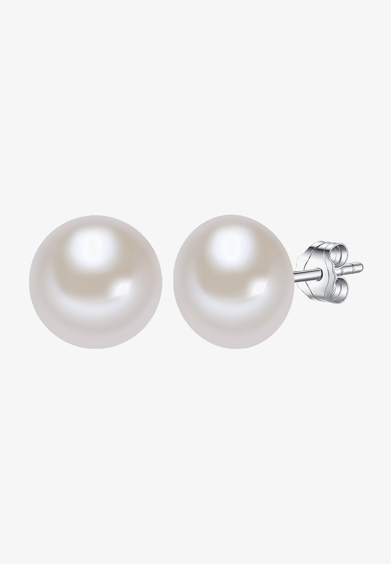 Perlensteckerohrringe mit runden, glatten, weißen Perlen, die auf Silberfassungen montiert sind. Mit hochglänzender Oberfläche und sicheren Verschlüssen auf der Rückseite.