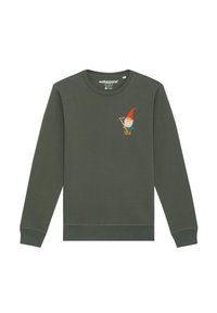 Dunkelgrüner Sweatshirt aus weichem Material mit langen Ärmeln, verziert mit einem bunten Zwergenmotiv auf der Brust sowie gerippten Bündchen und Saum.