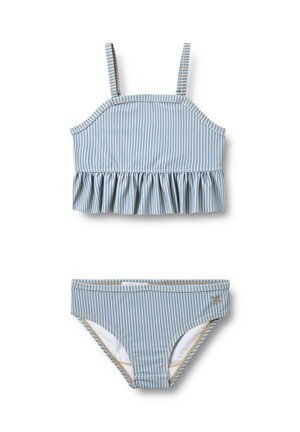 Conjunto de bikini a rayas azules y beige con un top corto con volantes y braguitas a juego. Hecho de tela elástica con una textura suave y detalles en dorado.