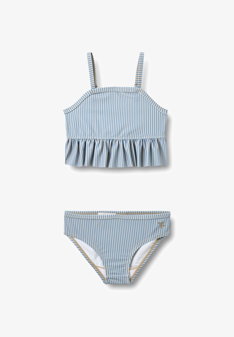 Ensemble bikini rayé bleu et beige avec un haut court à volants et un bas assorti. Confectionné en tissu extensible à texture lisse avec des accents dorés.