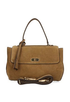 Borsa a mano in camoscio marrone con manico superiore, patta frontale con chiusura a torsione dorata e tracolla staccabile posta sotto.
