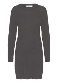 Mustat ribbed-neulemekko, jossa on pitkät hihat, pyöreä pääntie ja naisellinen siluetti. Materiaali on pehmeä ja siinä on hieno joustavuus.