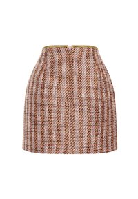 Tweed skirt featuring vertical stripes in brown, pink, and cream. Fitted waist with gold trim and center back zipper closure.