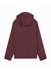Bordeauxfarbene Kapuzenjacke mit elastischen Manschetten und Saum, aus einem glatten, leichten Stoff und einem schlichten Design, geeignet für die Freizeit.