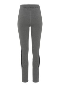Gray active leggings with black side panels, high waistband with branding, smooth texture, fitted design, and knee-length.
