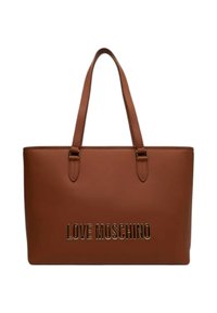 Borsa tote sintetica marrone con doppi manici, caratterizzata dal logo "LOVE MOSCHINO" in rilievo dorato. Texture liscia, forma rettangolare, design minimalista.