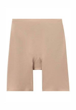 Beige shapewear shorts med et sømløst design, der har en midterste skridtkile og en glat tekstur, velegnet til at blive båret under tøj.