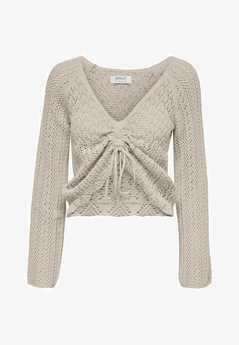Beige cropped sweater with long sleeves, V-neck, textured knit pattern, and drawstring detail in the center.