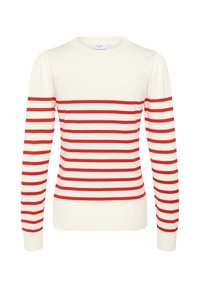 Maglione bianco con strisce orizzontali rosse, texture a maglia, collo rotondo, maniche lunghe e bordo e polsini a costine.