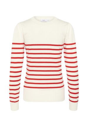 Pulover alb cu dungi orizontale roșii, textură tricotată, gât rotund, mâneci lungi și tivuri și manșete cu dungi.