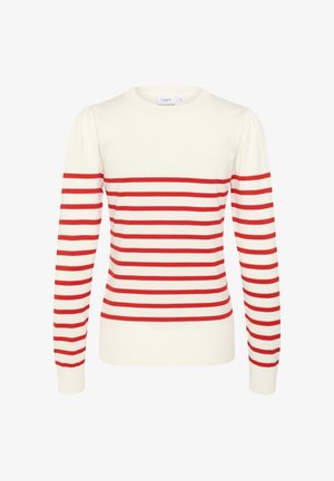 Pull blanc avec des rayures horizontales rouges, texture tricotée, col rond, manches longues, et ourlet et poignets côtelés.