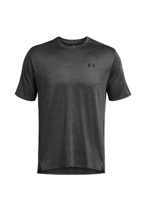 Dark grey athletic t-shirt made of moisture-wicking fabric, featuring a round neckline and short sleeves, with side slits and a small logo.