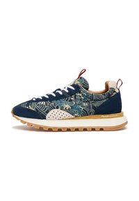 Navy and patterned sneaker with a textured upper, white laces, and a chunky sole. Features a light brown midsole and red heel tab.