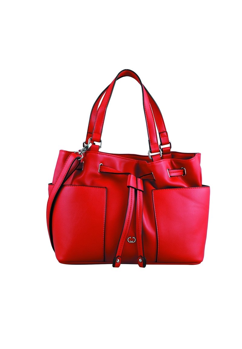 Rode leren handtas met twee externe zakken, dubbele handgrepen en een trekkoordsluiting. Bevat gepolijst zilverkleurig hardware en een gladde textuur.