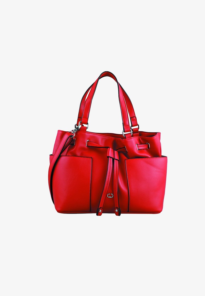 Sac à main en cuir rouge avec deux poches extérieures, deux poignées et une fermeture à cordon. Présente un quincaillerie en argent poli et une texture lisse.