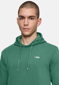Felpa verde con cappuccio realizzata in tessuto morbido, con tasca a forma di canguro, logo ricamato in piccolo sul petto e cappuccio regolabile con lacci.