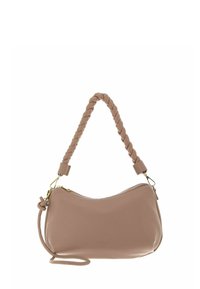 Sac à main à poignée tressée en cuir doux couleur blush, présentant une forme courbée, des accents en métal doré et une bandoulière ajustable pour plus de polyvalence.