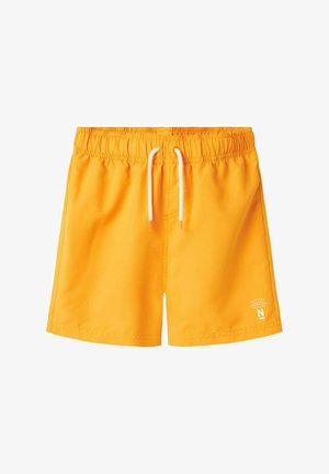 Bañadores amarillos brillantes hechos de un tejido ligero, con una cintura elástica y cordón, y un pequeño logotipo en la parte inferior.