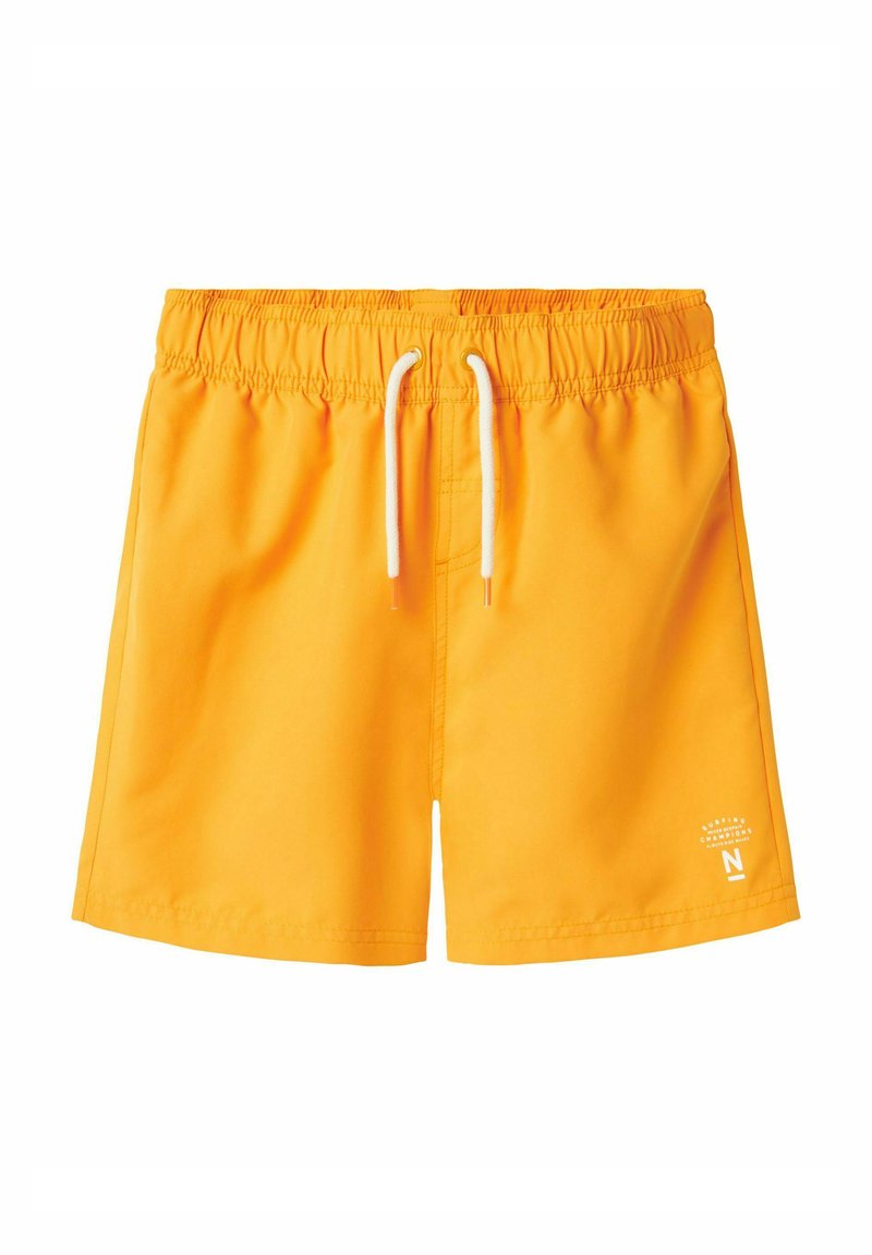 Bañadores amarillos brillantes hechos de un tejido ligero, con una cintura elástica y cordón, y un pequeño logotipo en la parte inferior.